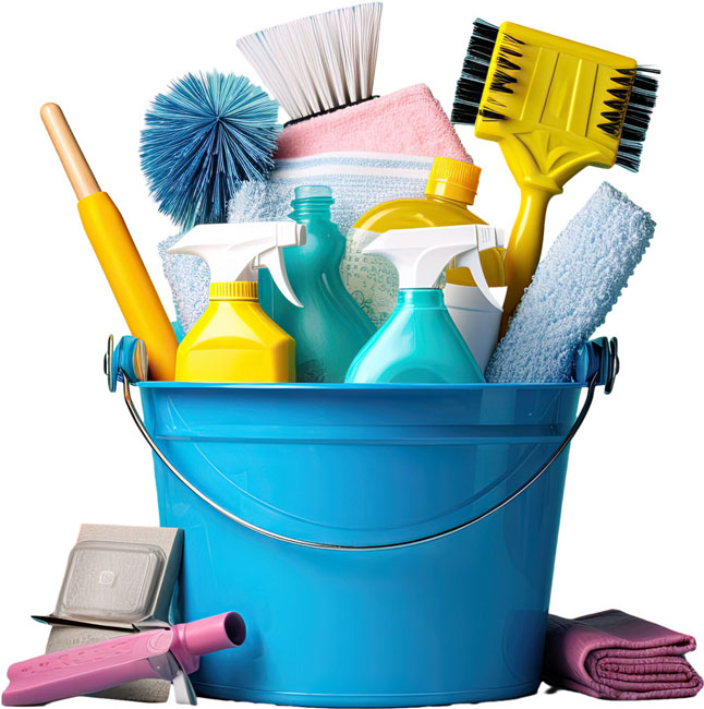 دلو أزرق مليء بأدوات تنظيف عالية الجودة مثل بخاخات، فُرش، ومناشف، يرمز لخدمات شركة الجوهرة للتنظيفات الاحترافية والشاملة.
